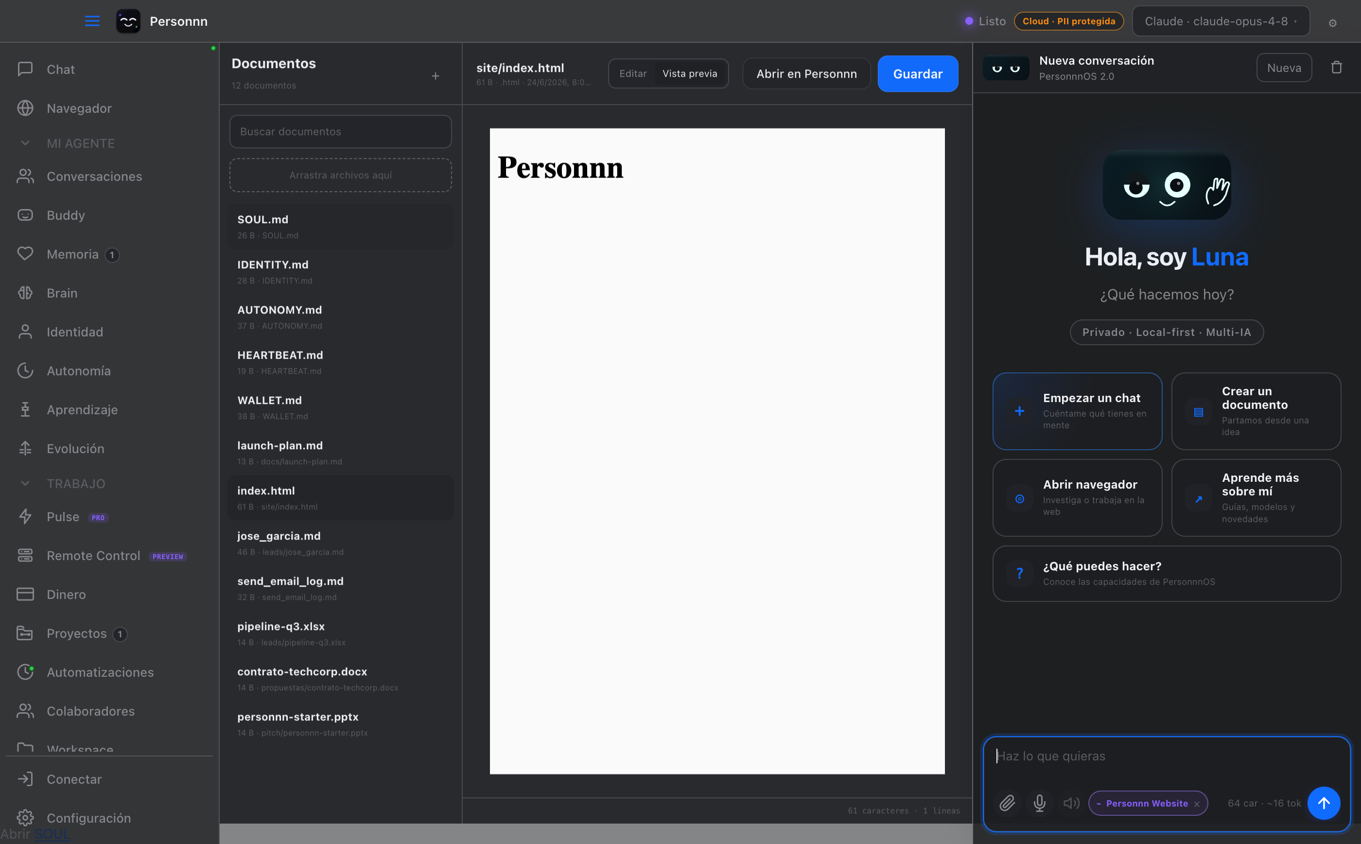 Document Studio trabajando con Word, Excel, PowerPoint y PDF dentro de PersonnnOS